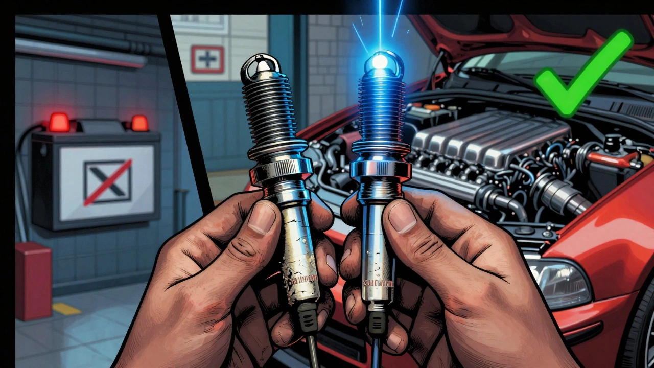 Mechanic holding worn and new spark plugs side by side, with symbols of failure and success in background.