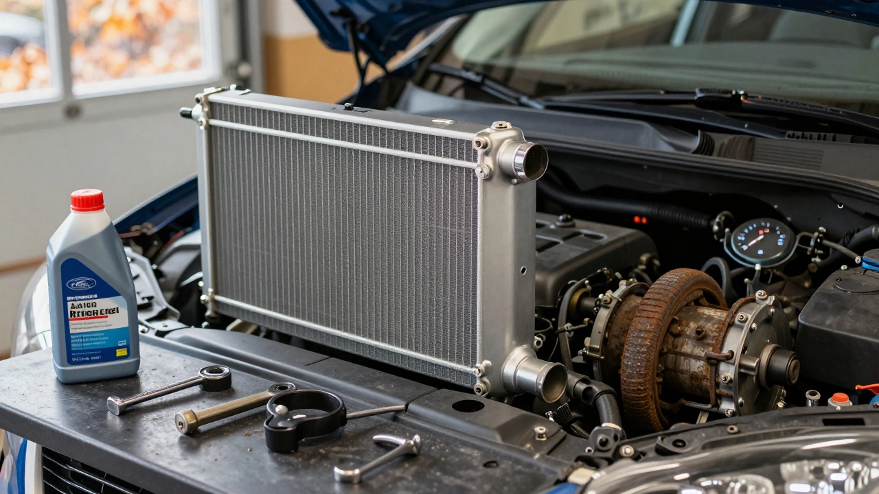 Mechanic installing a new radiator in a Ford Focus with old, rusted parts nearby.