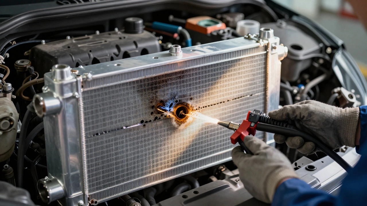 Mechanic testing a car's cooling system with internal radiator damage shown transparently.