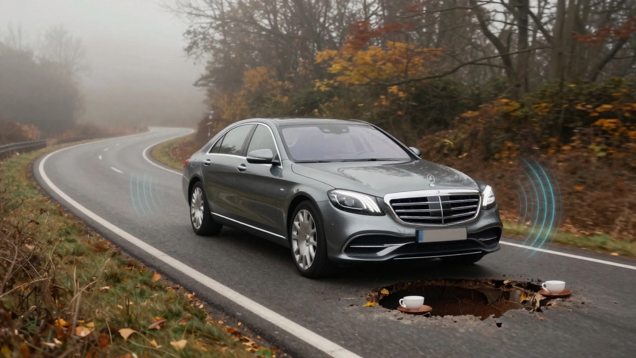 Mercedes S-Class hovering above a pothole with tea cups untouched, showing its advanced suspension system.