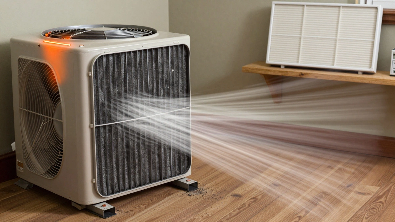 Older furnace straining under a clogged MERV 13 filter, with reduced airflow and warning glow.