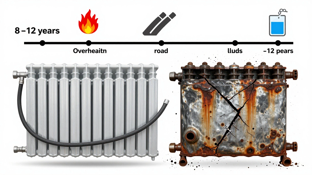 Split image showing a new radiator versus a corroded one, illustrating lifespan factors.