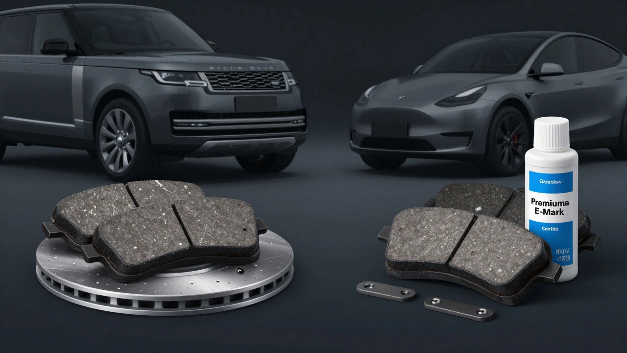 Split-screen comparison of low-quality vs premium brake pads with luxury and electric cars in background.