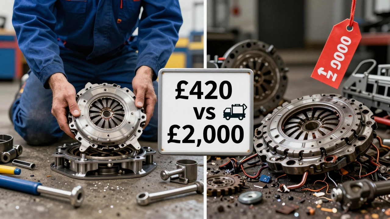 Split-screen: professional clutch replacement vs. damaged components with price comparison.