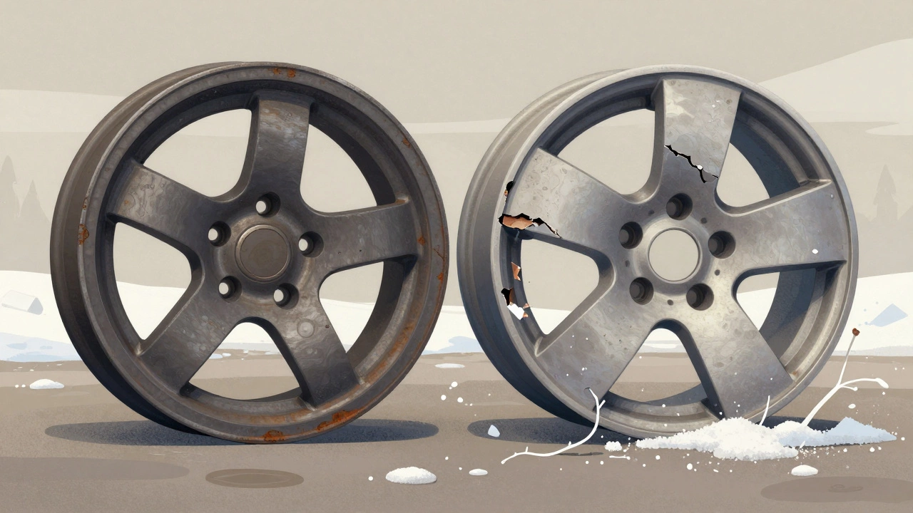 Steel wheel next to a corroded alloy wheel under winter sky, salt crystals spreading from the damaged rim.