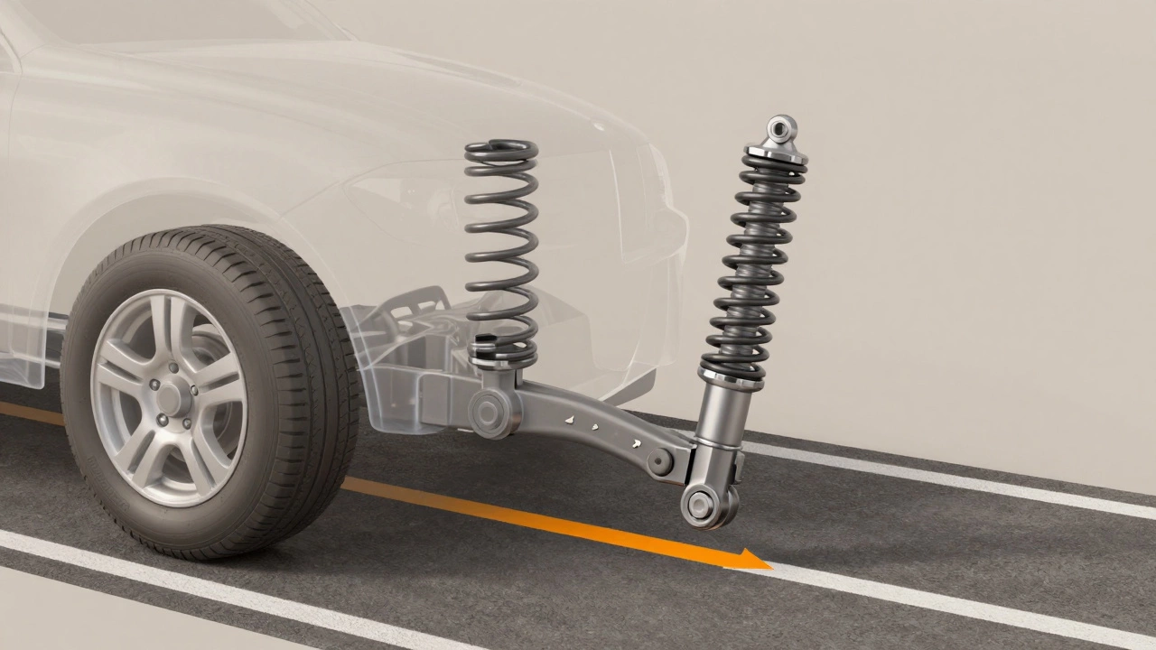 Transparent cross-section of a car's suspension system showing how parts interact under load.