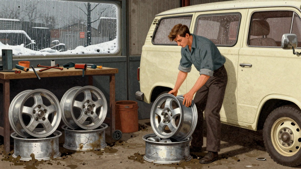 Van driver swapping alloy wheels for steel ones in a garage during winter rain.