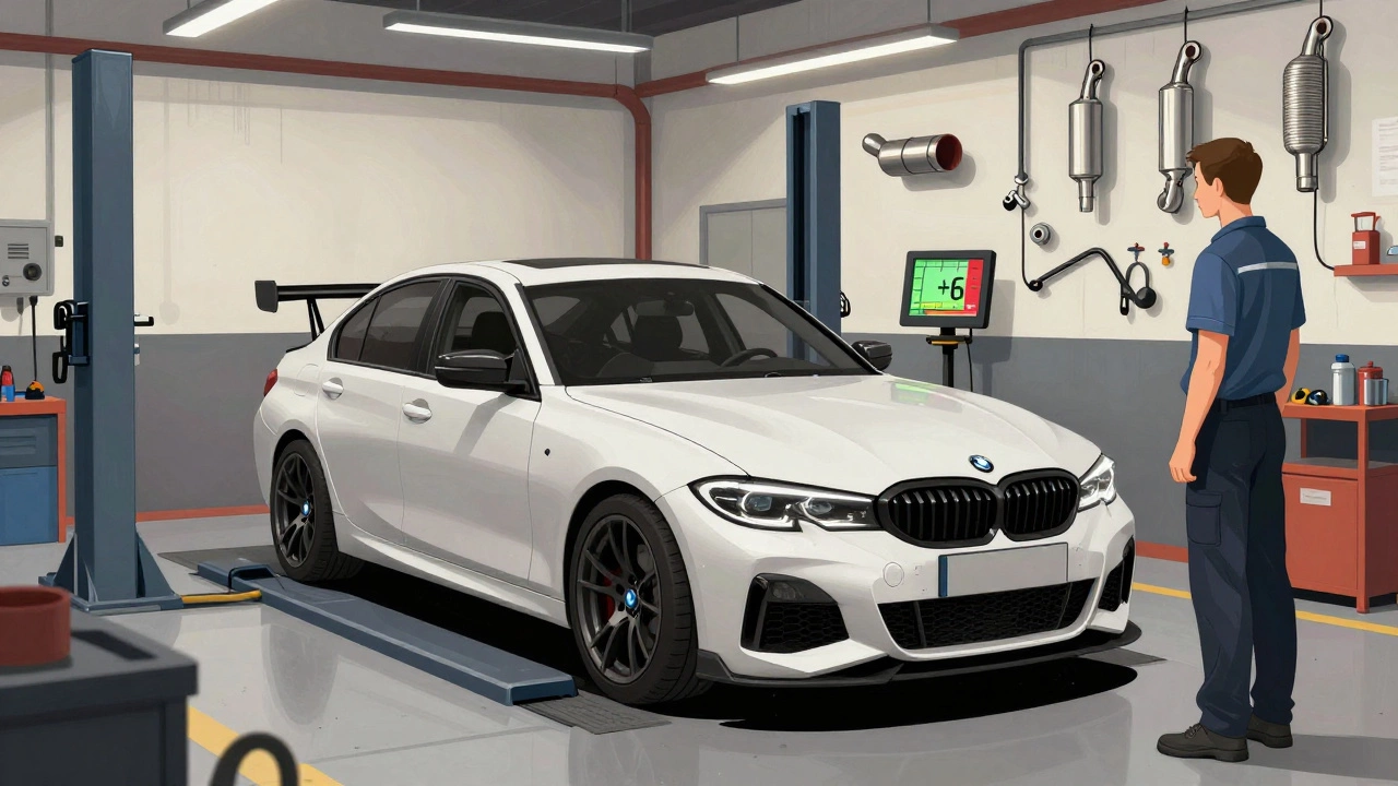 A BMW 330i on a dyno in a tuning garage, showing a small power gain reading with technician observing.