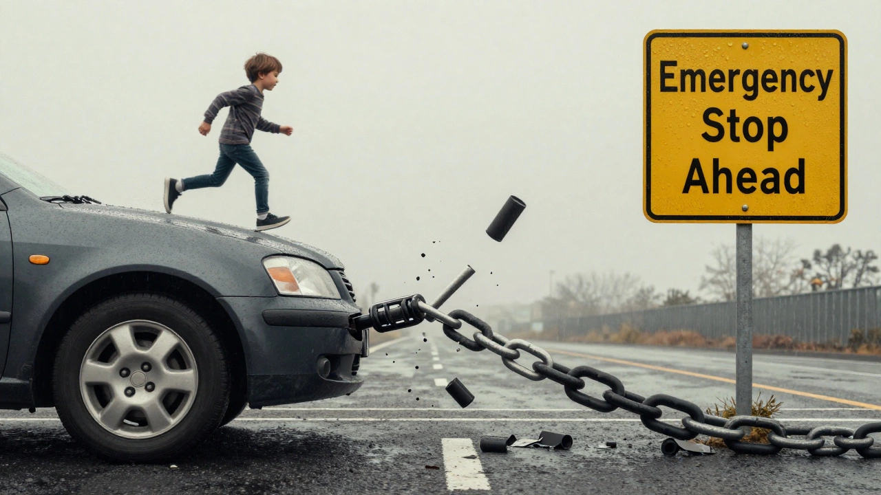 A broken suspension component falling away as a child runs into the road, with a warning sign in the distance.