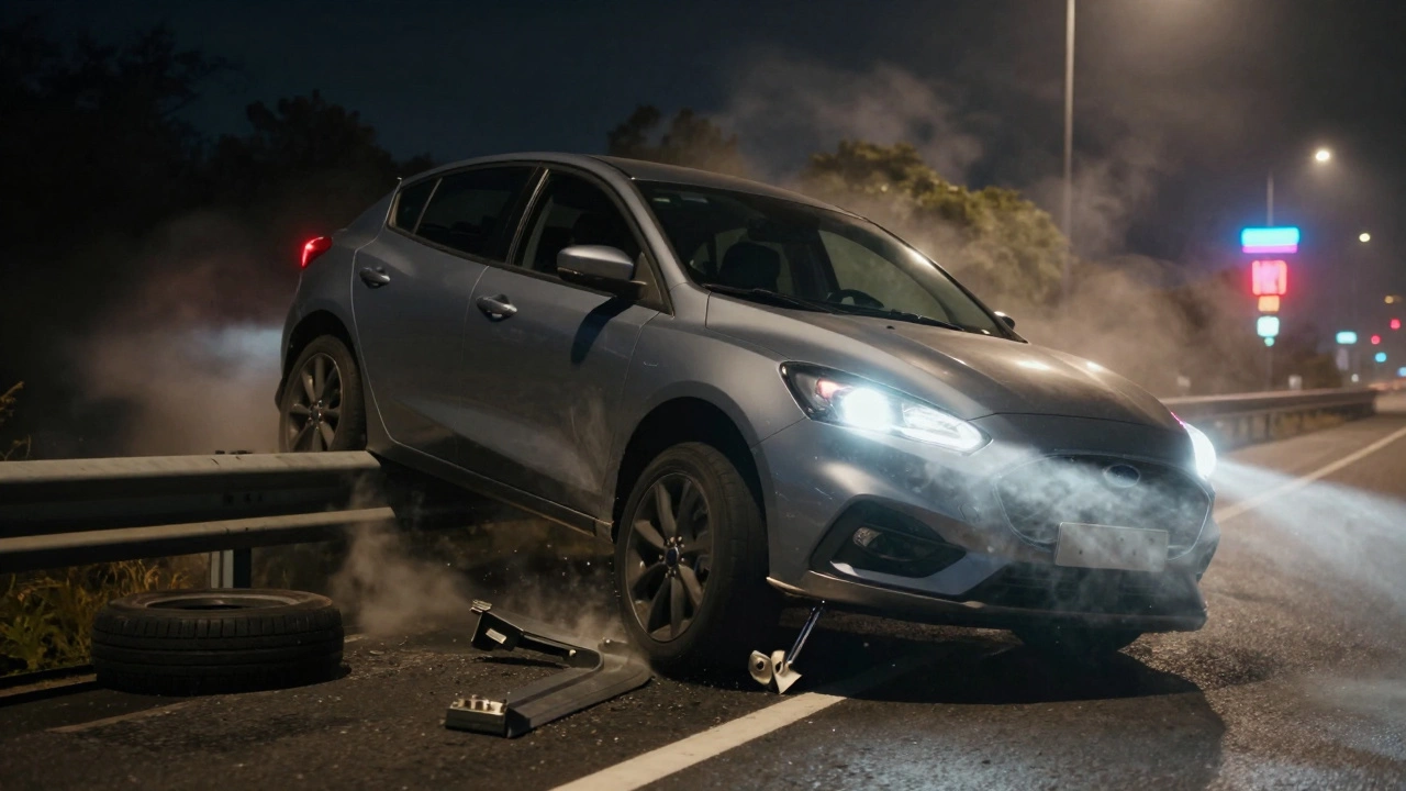 A car veering out of control on a highway after a suspension part breaks, nearly colliding with a guardrail.