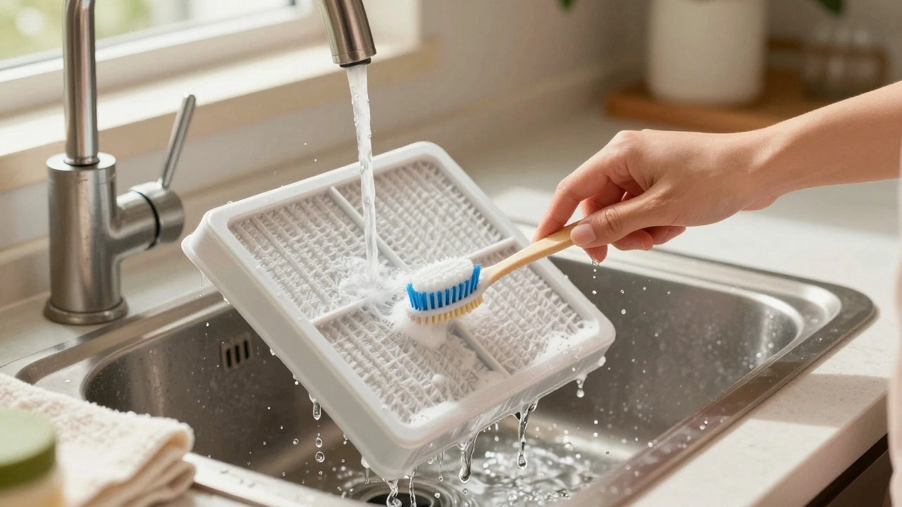 A homeowner rinsing a reusable AC filter under running water in a kitchen sink.