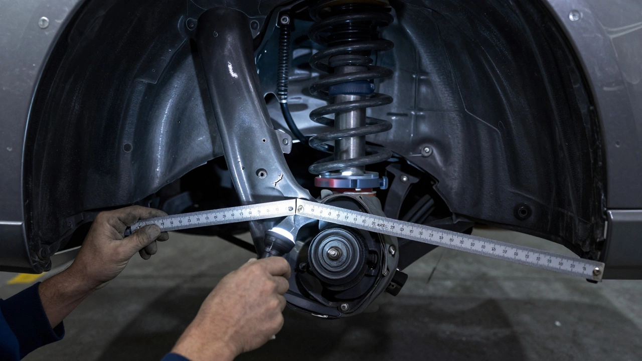 A mechanic using a straight ruler to detect a bent control arm, with flashlight highlighting cracks and damage.