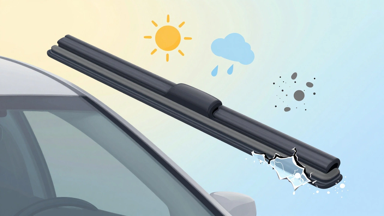 A rubber wiper blade degrading from flexible to brittle under sun and ice exposure.