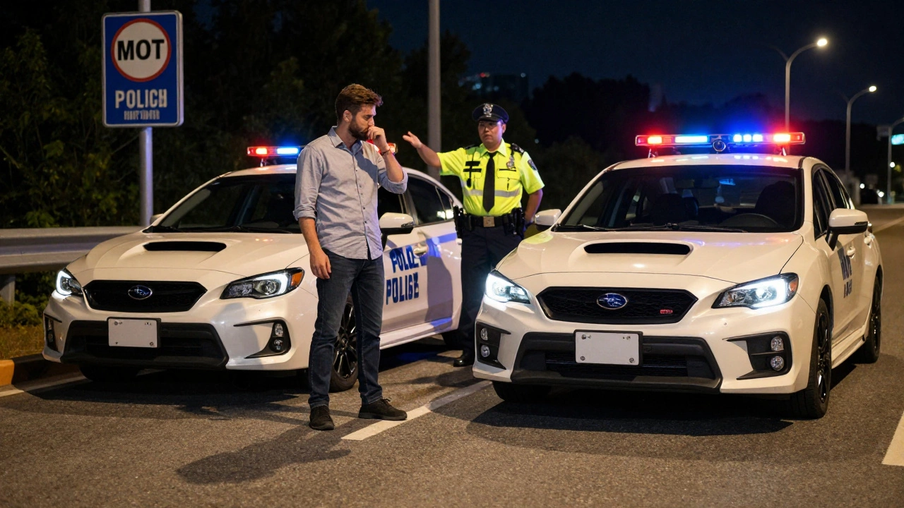 A Subaru WRX at a UK police checkpoint at night, owner hesitating as officer gestures toward the vehicle.