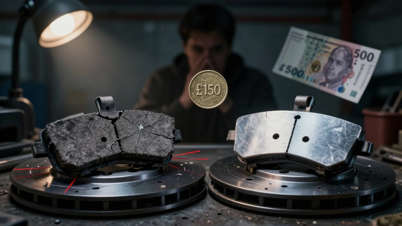 A worn brake pad next to a new one, with warning lines and a choice between savings and costly repair looming in shadow.