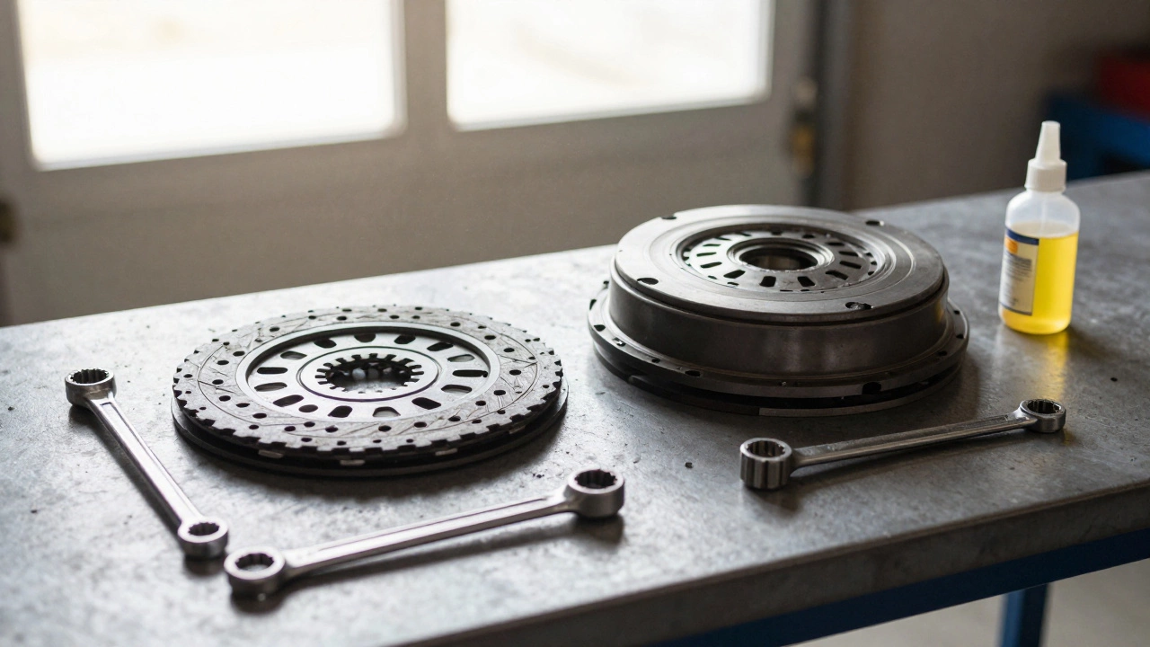 Clutch kit and worn components on a workbench with tools, symbolizing the hidden details of a clutch replacement.