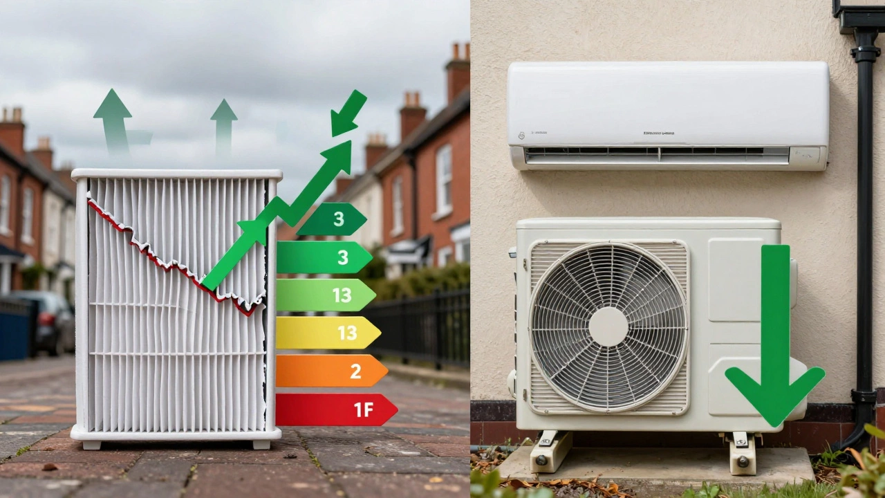 Comparison of a clogged filter versus a clean reusable filter with energy efficiency symbols.
