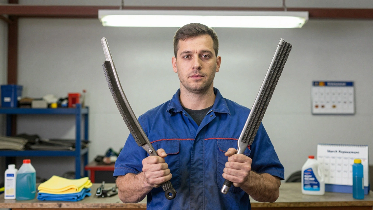 Mechanic comparing traditional and beam-style wiper blades in a workshop.