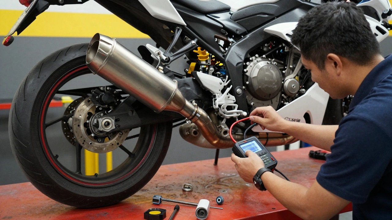 Mechanic replacing a full exhaust system while connecting an ECU tuner in a well-lit garage.