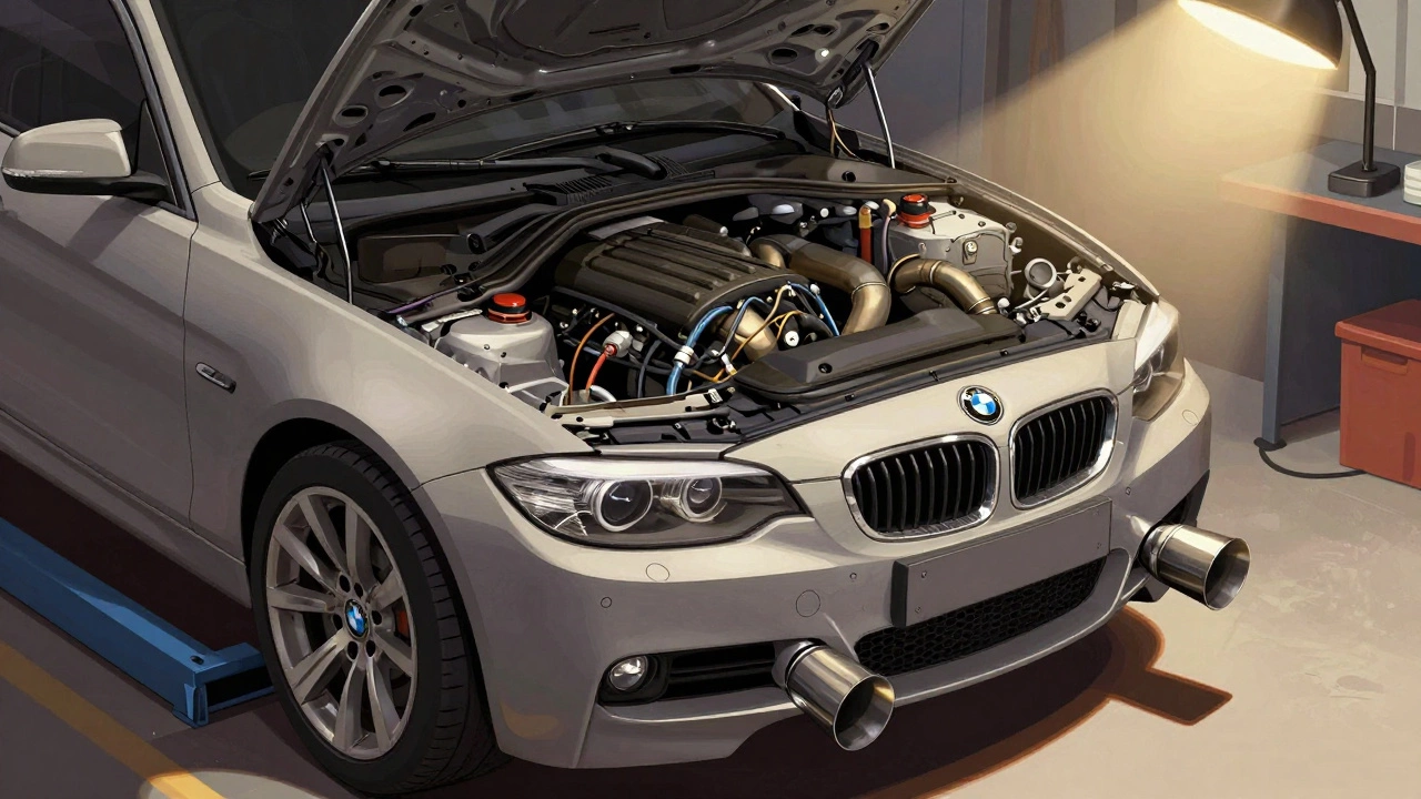 Rear-wheel-drive car engine bay with transmission being lowered, exhaust and wiring exposed in tight space.