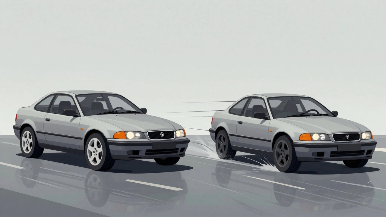 Side-by-side comparison of a car with good vs. bad suspension handling a corner, showing loss of tire contact and skidding.