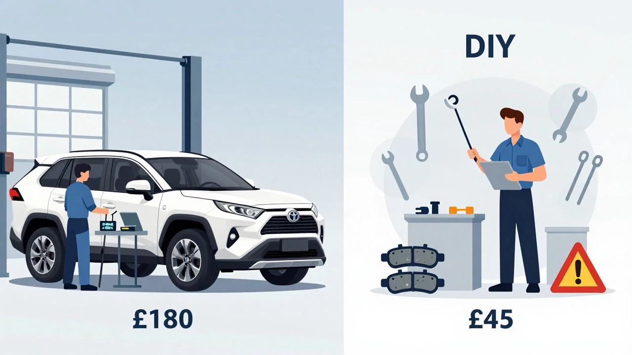 Side-by-side illustration comparing professional brake replacement cost versus DIY parts cost for a modern vehicle.