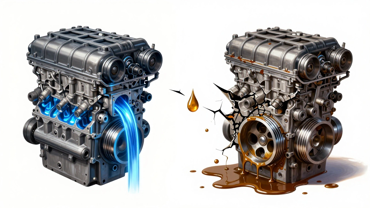 Split image showing a healthy engine versus a damaged one due to low oil levels.