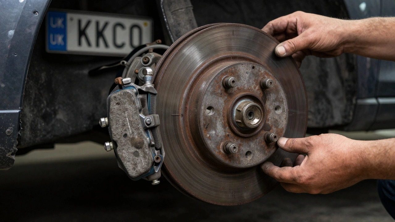 Worn brake pads beside new ones on a rusted rotor with grease-smudged hands.