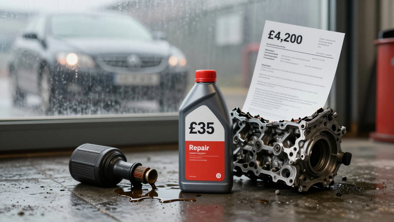 £35 oil bottle beside shattered engine block and £4,200 invoice on garage floor, oil drips connecting them.