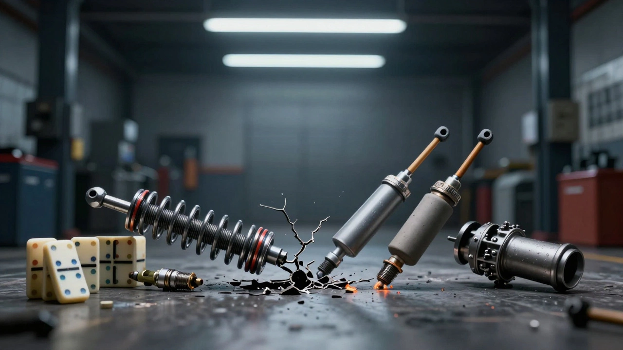 A domino effect showing suspension failure leading to engine and transmission damage.