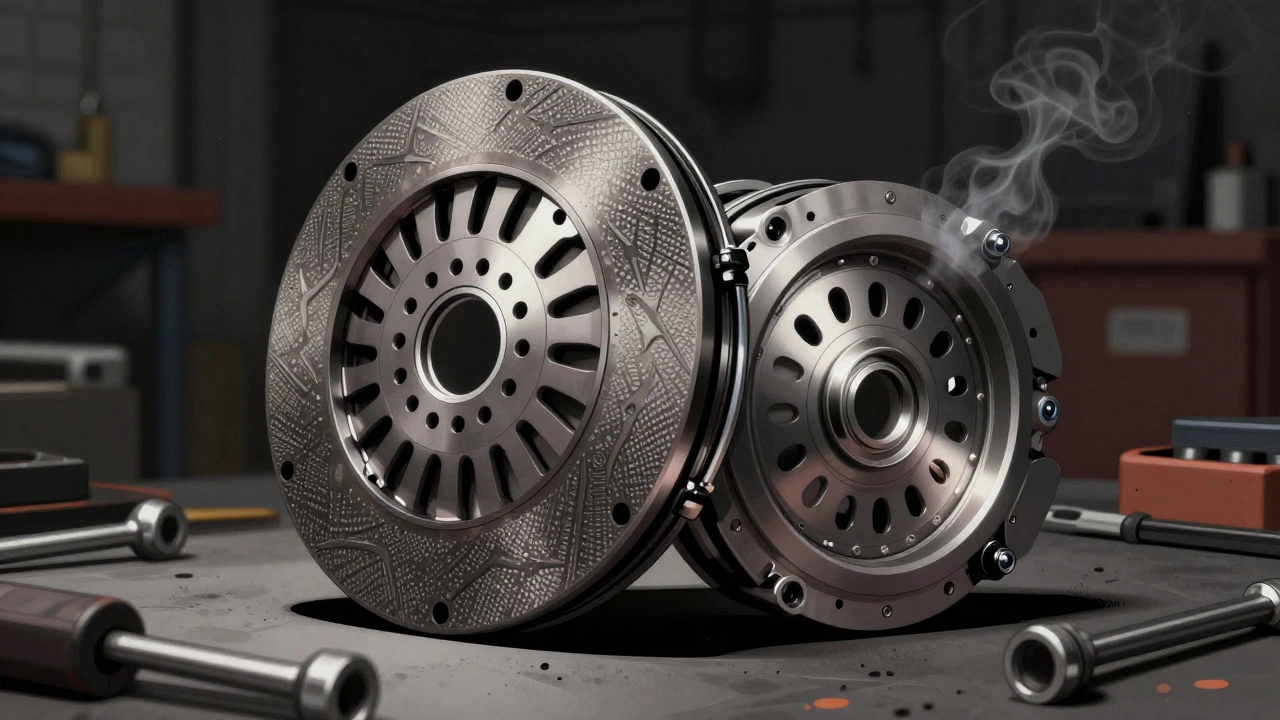 Close-up of a Stage 2 clutch assembly with sintered disc and lightweight flywheel under intense workshop light.
