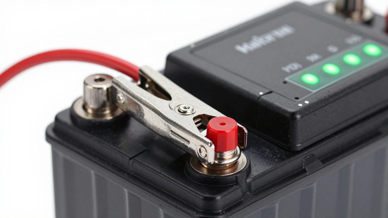 Close-up of car battery terminals connected to a smart charger with green lights.