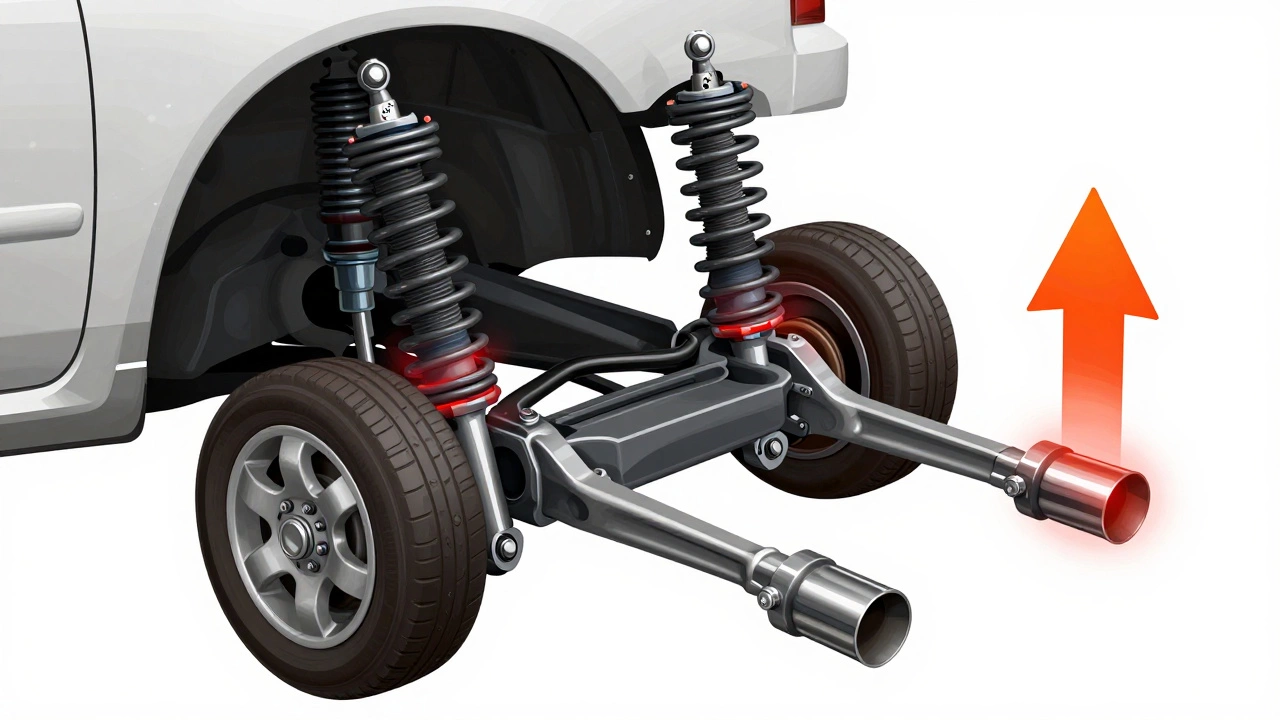 Cross-section of a car's suspension system with worn parts causing increased engine strain and fuel use.