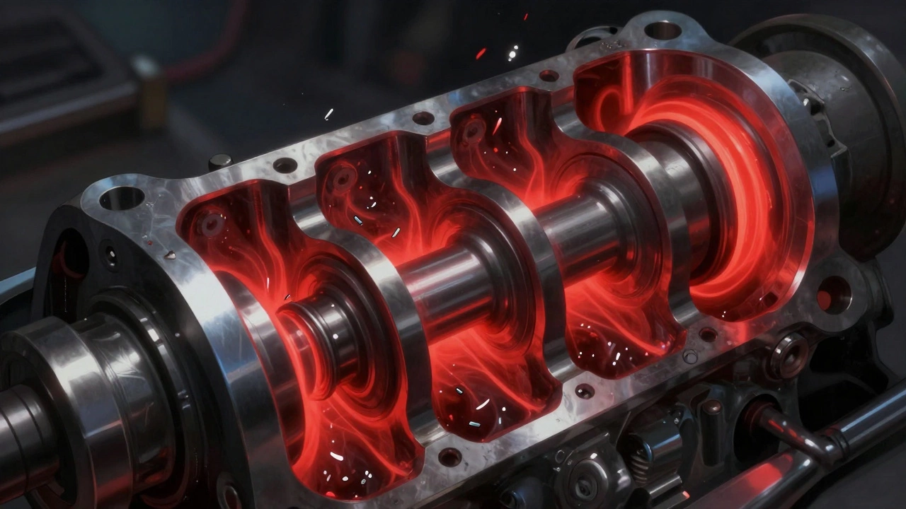 Cross-section of engine parts grinding without oil, heat glowing red, metal shards floating in dry pathways.