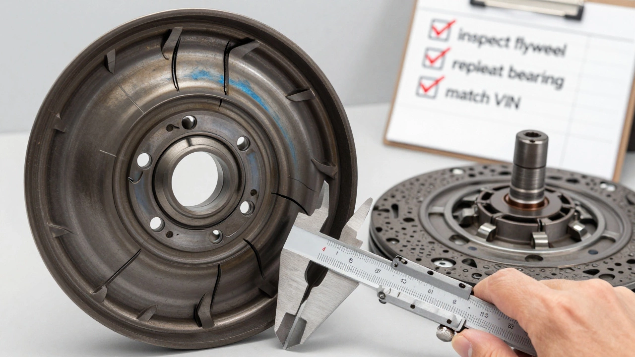Damaged flywheel next to a new clutch disc and release bearing, with a mechanic measuring it.