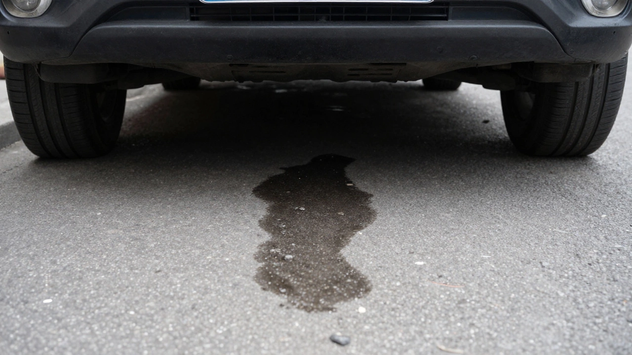 Dark oil puddle on pavement underneath a parked vehicle showing a potential leak.