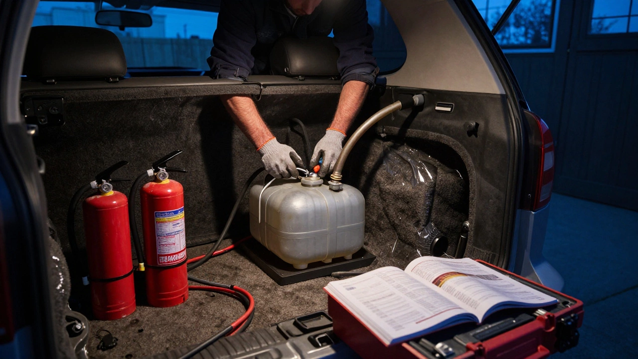 DIYer draining fuel tank in garage, fire extinguisher visible, battery disconnected.