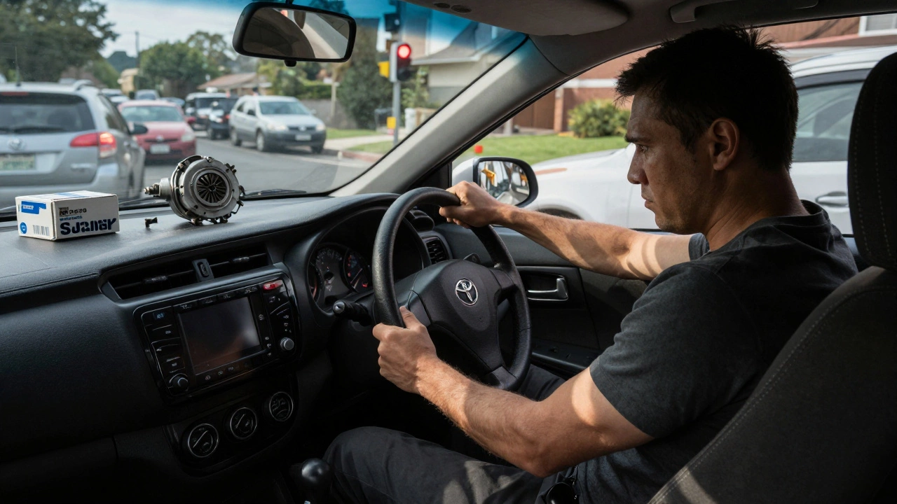Driver struggling with a stiff clutch pedal in a Toyota Corolla during stop-and-go traffic.