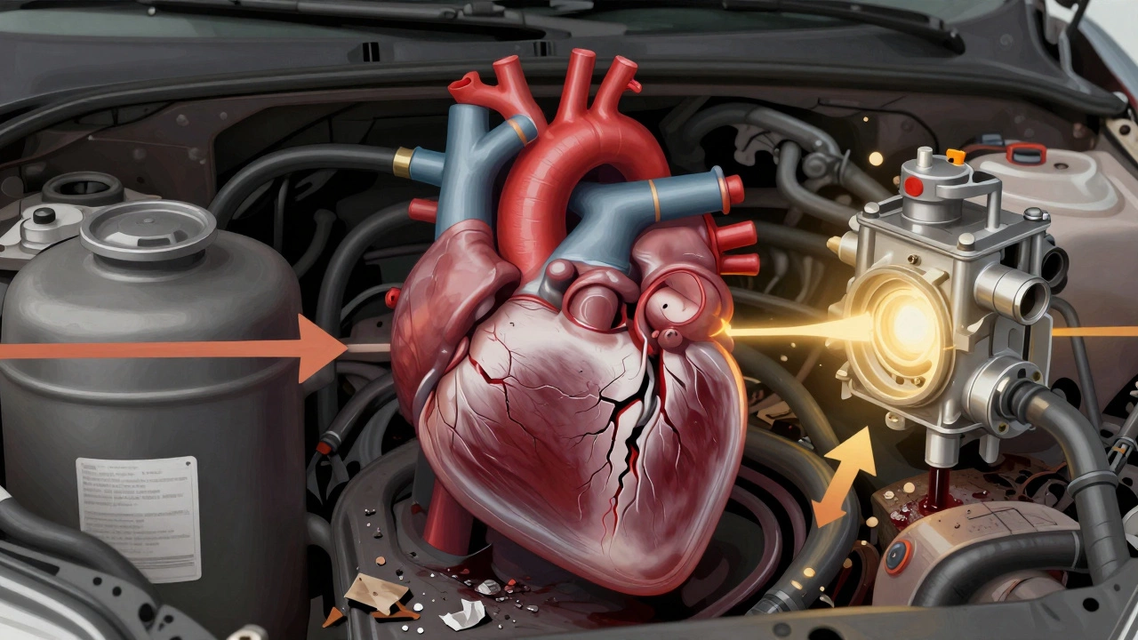 Fuel pump as a failing heart with sludge and debris, new pump glowing with restoration light.