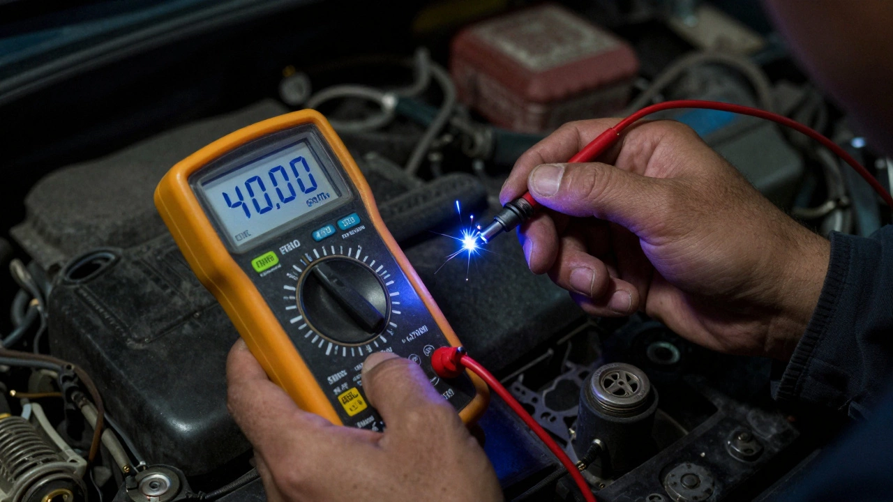 Mechanic testing ignition wire resistance with a multimeter, blue sparks visible in the dark garage.