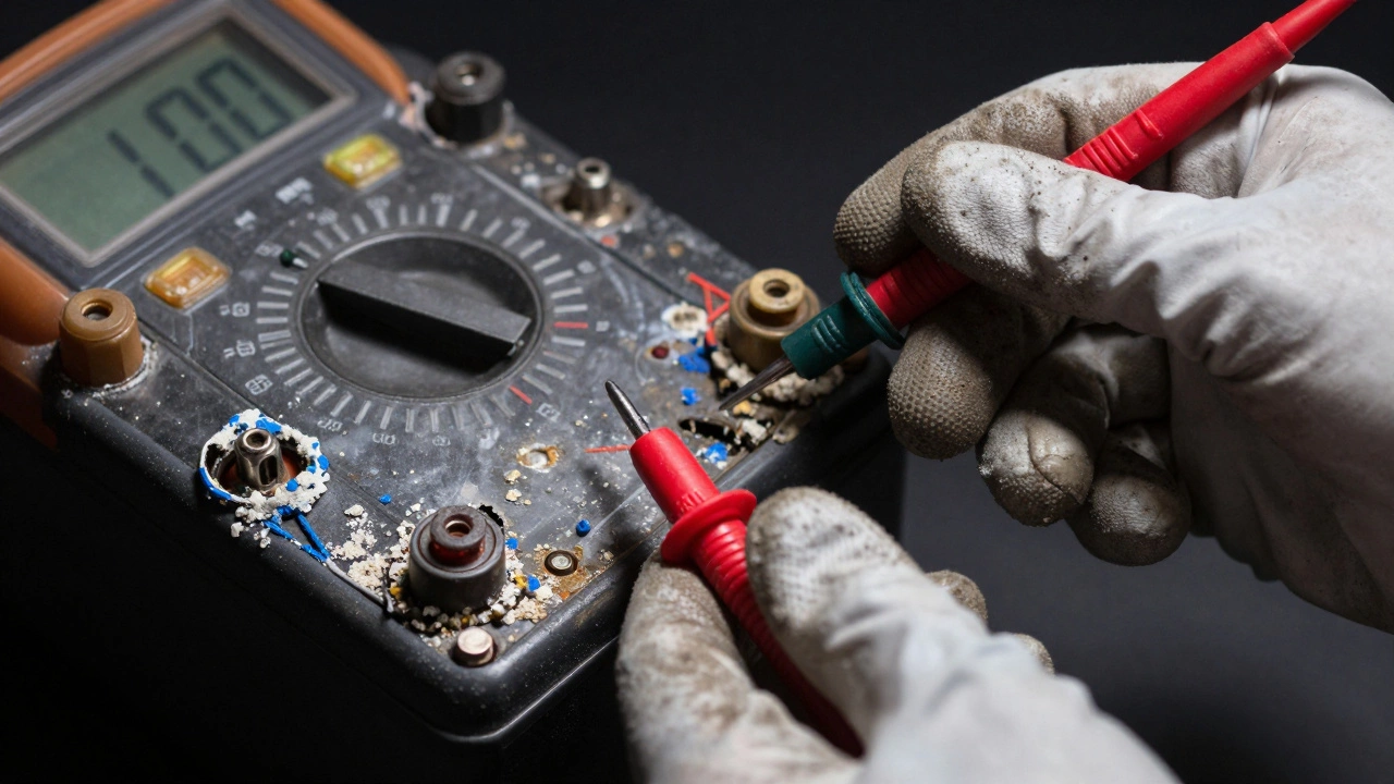 Mechanic using a multimeter on corroded car battery terminals with white crust.
