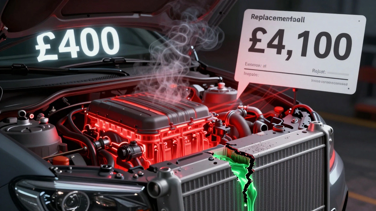 Overheating engine next to a cracked radiator, with cost comparison of repair vs replacement.