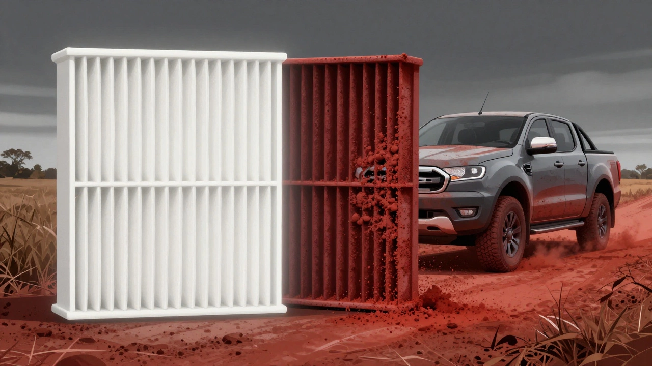 Side-by-side comparison of a clean air filter and a clogged one from dusty rural driving conditions.