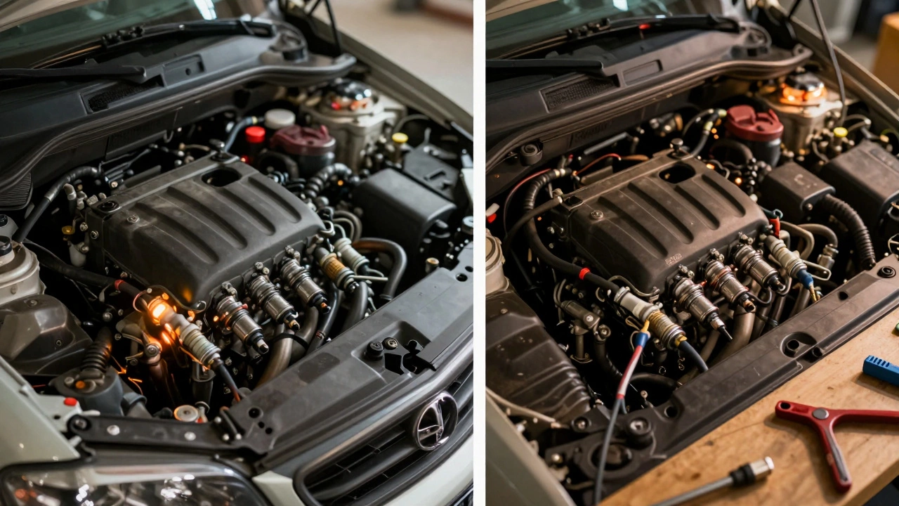 Side-by-side comparison: rough-running engine with warning light versus smooth-running engine after full ignition system replacement.