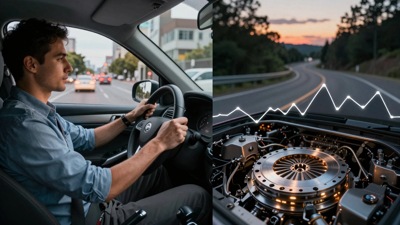 Split image contrasting smooth city driving with Stage 1 clutch and aggressive backroad driving with Stage 2 clutch.