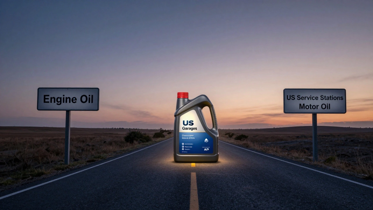 Split road showing 'Engine Oil' and 'Motor Oil' signs merging into one oil bottle with viscosity rating glowing at center.