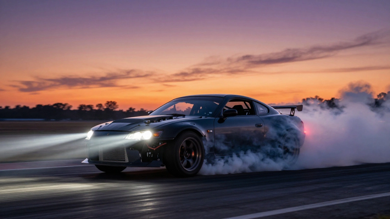 Sports car launching with tire smoke at racetrack