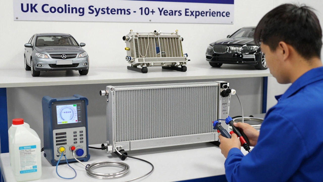 Technician testing radiators in a workshop with three different types displayed on a shelf.