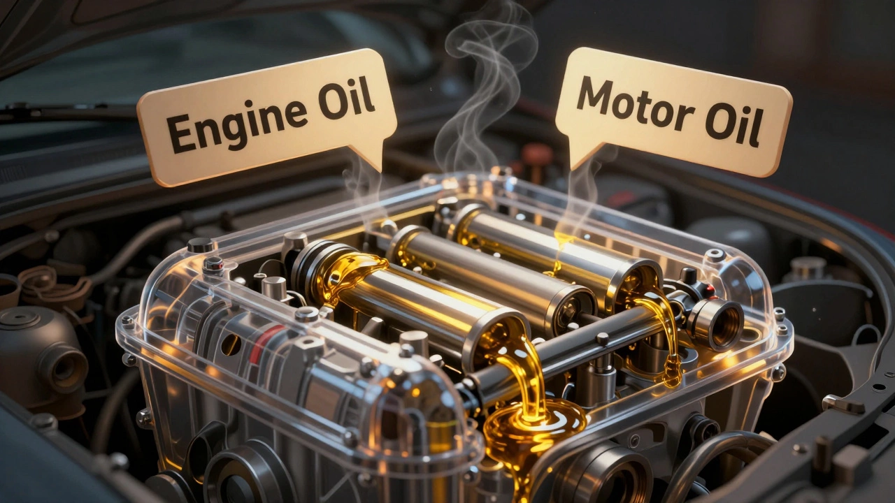 Transparent car engine with golden oil flowing through parts, labeled 'Engine Oil' and 'Motor Oil' dissolving into each other.