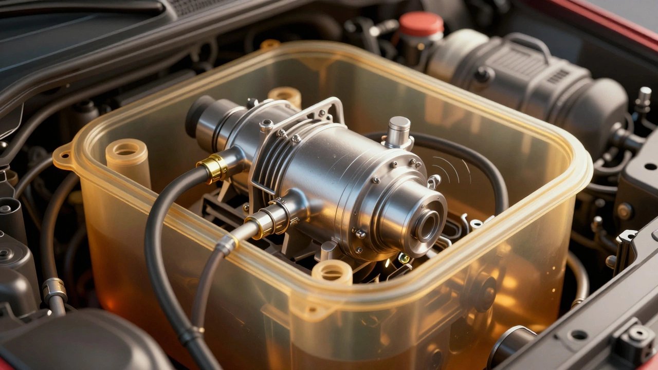 3D cutaway view of a car fuel pump inside a translucent gas tank with fuel lines.